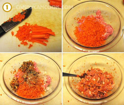 Trộn thịt với cà rốt và nấm hương băm nhỏ, cùng gia vị