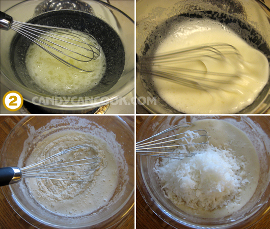 Đánh lòng trắng trứng với đường, muối cách thủy rồi trộn bột và dừa khô