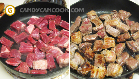 Thịt bò cho vào chảo áp như  kiểu làm thịt bò bít tết