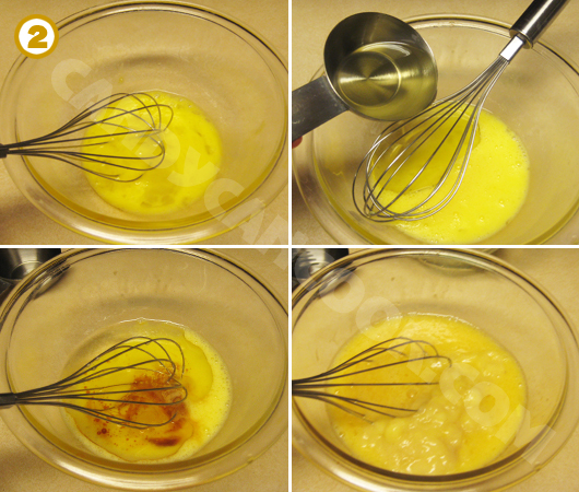 Trộn các nguyên liệu ướt: trứng, dầu ăn, vanilla extract, và chuối