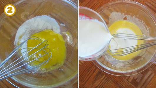 Đánh tan trứng đường và cho whipping cream với vanilla vào