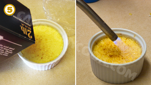 Màn ảo thuật tạo nên lớp đường carmel trên bề mặt của creme brulee