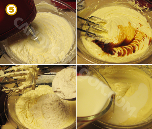 Đánh vanilla vào và lần lượt chia đều bột với sữa đánh xen kẽ