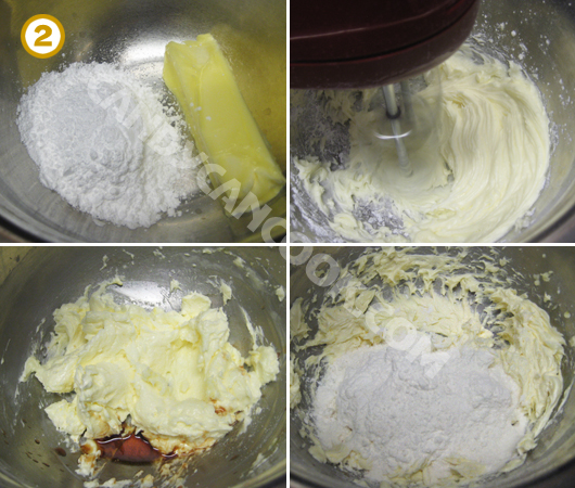 Đánh bơ với đường bột, rồi đánh cùng trứng, vanilla và muối