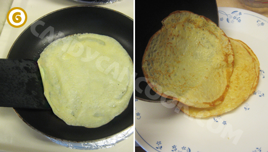 Có thể lật bánh bằng đồ dán trứng rồi chờ chín mặt thứ 2 là để ra đĩa cho nguội