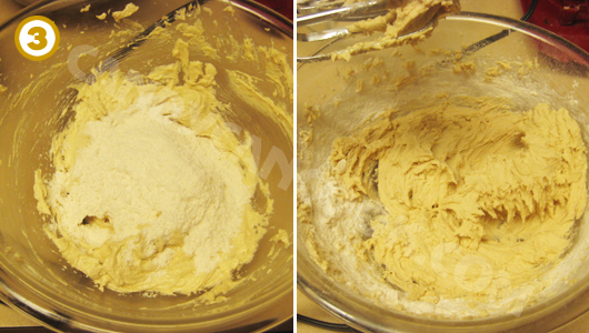 Đánh hỗn hợp nguyên liệu khô vào cùng với hỗn hợp bơ