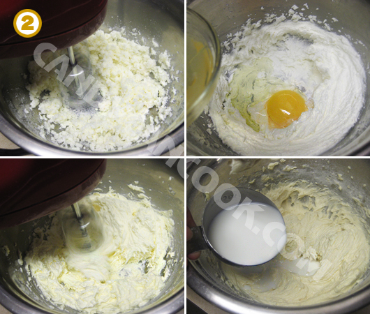 Đánh đường và bơ; từng quả trứng; vanilla và sữa 