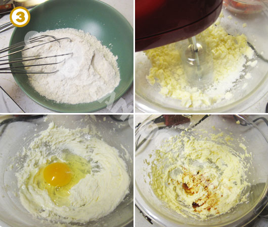 Trộn nguyên liệu khô và đánh bơ, đường, trứng và vanilla với nhau