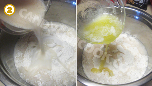 Đong các nguyên liệu: bột, muối, bơ đun chảy và hỗn hợp men đã được kích hoạt
