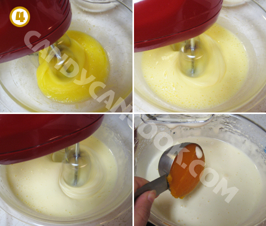 Đánh trứng và đường cho tới khi trứng lên bọt nhẹ và có màu vàng nhạt